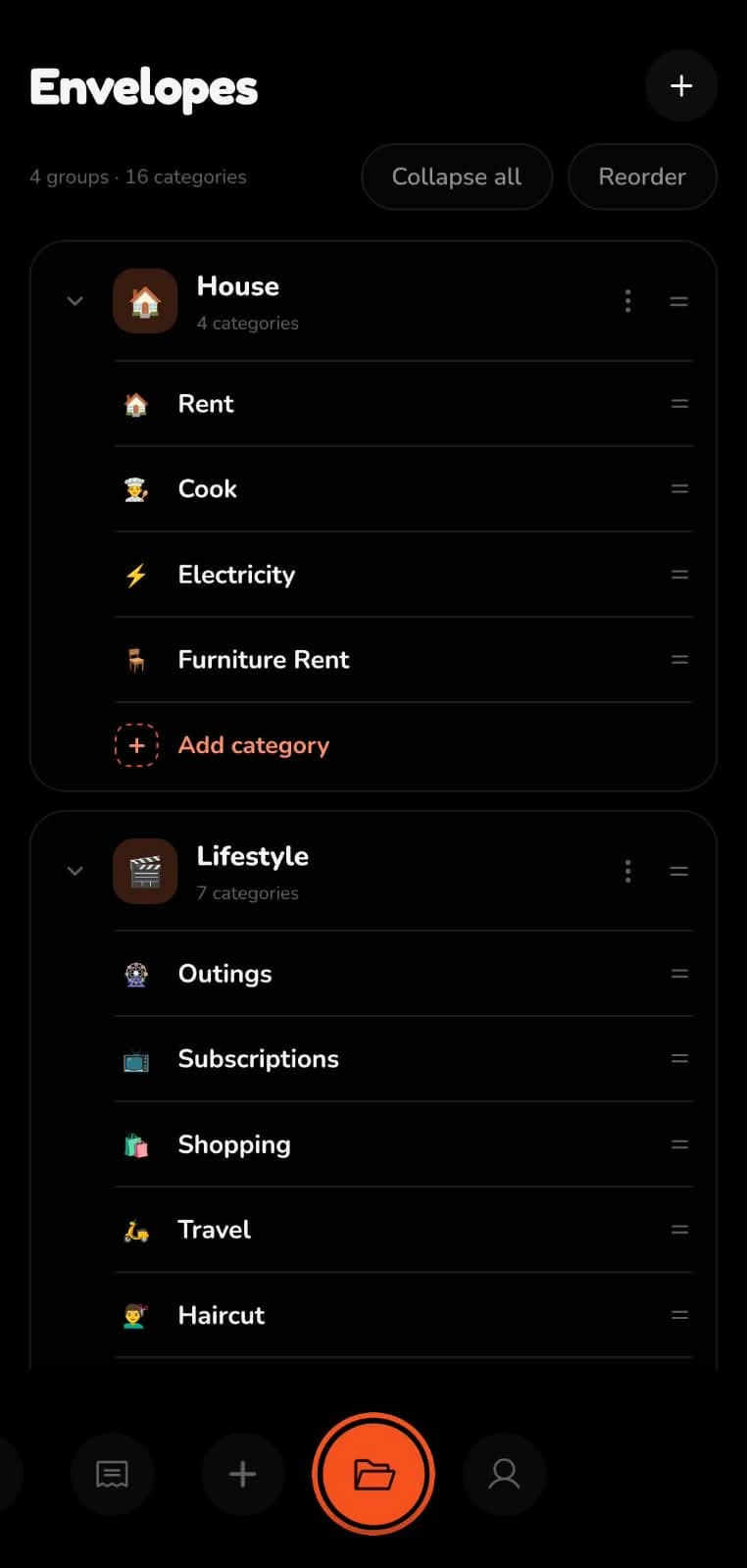 Aviary Android envelopes screen showing groups of budget categories and their available balances
